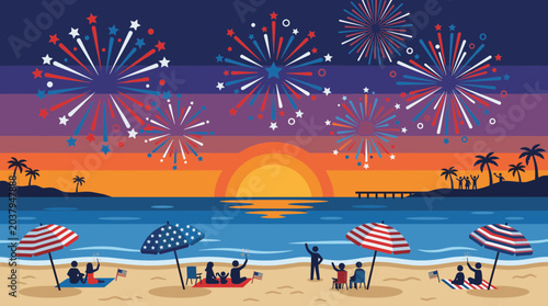 Pixel art beach scene with fireworks over the ocean at sunset and people celebrating