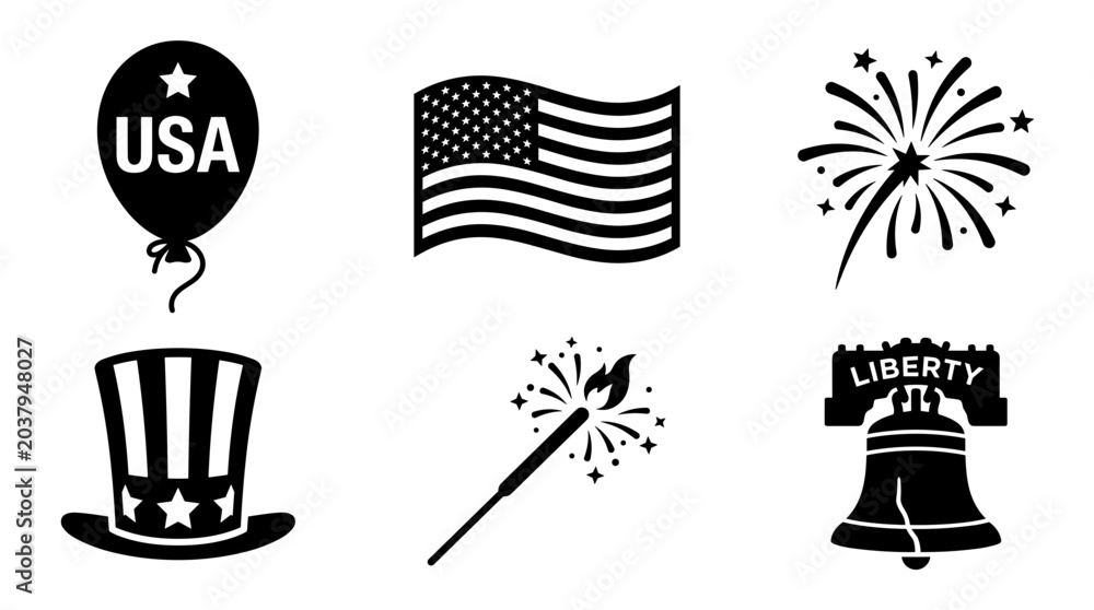 Naklejka premium USA Independence Day Icons Set Patriotic Symbols Balloon Flag Firework Hat Sparkler Liberty Bell