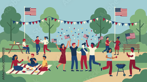 Diverse group of people celebrating Independence Day with a picnic and flags in a park