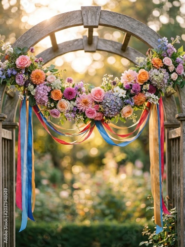wooden arch decorated with lush floral garland and colorful ribbons in sunny garden. pagan ritual, handfasting ceremony and outdoor summer wedding concept. event planning, invitation background.