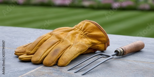 luxury gardening essentials, a high-end offering includes durable yellow grain leather gardening gloves and a hand-weeding tool, set against a vibrant garden
