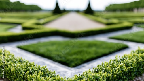 french garden design, a refined french parterre garden with a symmetrical layout of manicured boxwood hedges and vibrant green turf, perfect for luxury brand content under a soft, luminous parisian