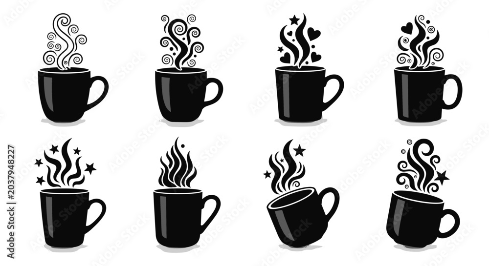 Obraz premium Collection of black coffee cups with steam and decorative elements like hearts and stars