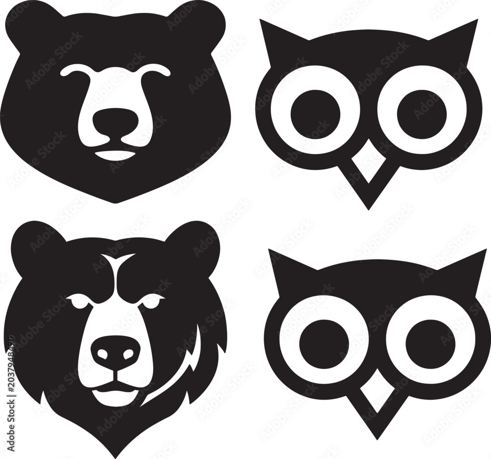 Fototapeta premium Black silhouettes of bear and owl faces