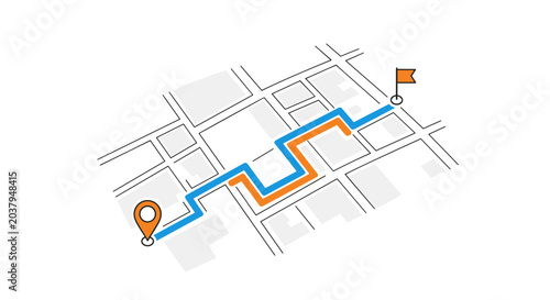 City map with navigation route from start pin to flag destination