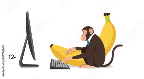 Canvas Print Monkey in Suit Typing on Keyboard Next to Bananas and Computer