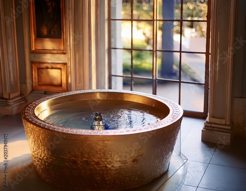 baptismal font with water near entrance