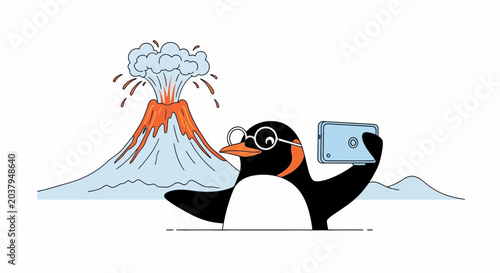 Schilderij op canvas Penguin taking selfie with erupting volcano, funny illustration