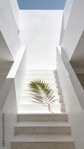 Minimalist staircase in a bright, white, sun-drenched atrium. The shadow of a single palm leaf is cast across the stairs. The composition is clean and airy, providing ample negative space at the top.