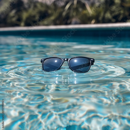 Sunglasses Float on the Surface of Blue Water During Sunset at a Calm Outdoor...