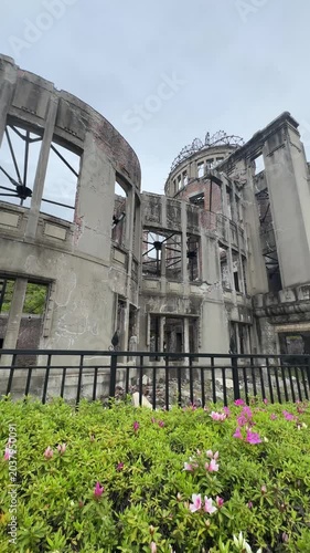 Hiroshima, Japan famous A-Bomb dome (atomic bomb dome) building. Vertical video, panning