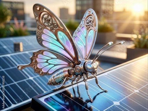 Metal robotic butterfly sits on solar panel with sunset in the background at a rooftop garden