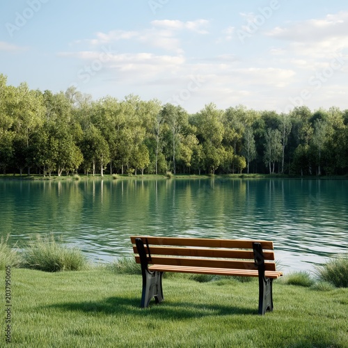 Bright Sunny Day by the Calm Lake With Green Trees in the Park