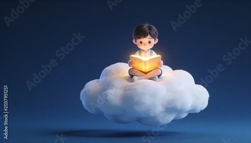 3D cartoon boy reading a glowing book while sitting on a fluffy cloud. Imagination and storytelling concept. International Children's Day illustration with copy space on blue background