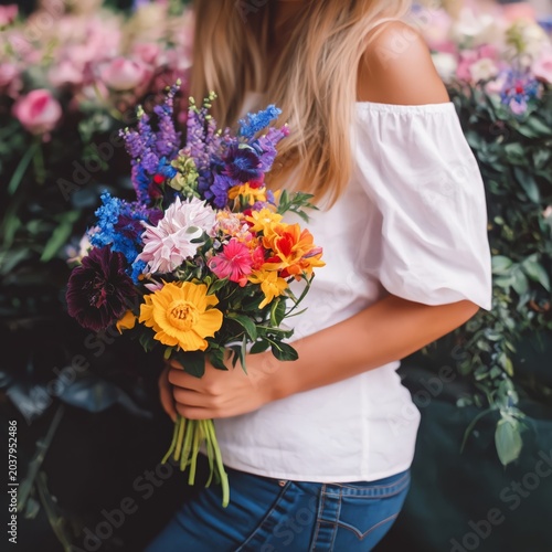 Woman Holds a Bouquet of Flowers With a Colorful Background in Bright Sunlight