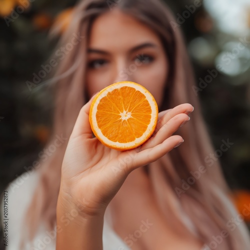 Woman Holds Orange Close to Mouth, Indoor Setting With Dark Background