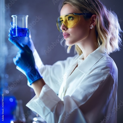 Scientist in Lab Coat Holds Test Tube and Conducts Experiment in Modern Labor...