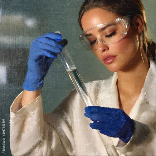 Scientist in Lab Coat Holds Test Tube and Conducts Experiment in Modern Labor...