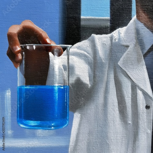 Scientist Holds Blue Liquid in Beaker Inside Laboratory During Experiment
