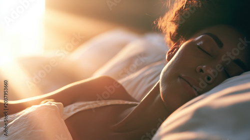 A woman lies in a bed with white sheets as sunlight shines on her face in a bright room. She is resting peacefully as the morning light fills the space