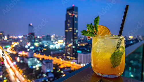 Savor a refreshing citrus cocktail at a luxury rooftop bar, overlooking a glittering city skyline at dusk. Ideal for nightlife, luxury travel, and modern urban lifestyle themes.