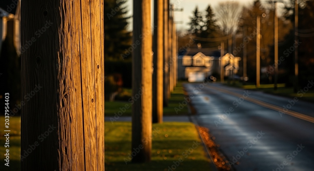Fototapeta premium Golden hour backlight illuminates a row of wooden utility poles along a quiet suburban street, creating a sense of warmth and connection.