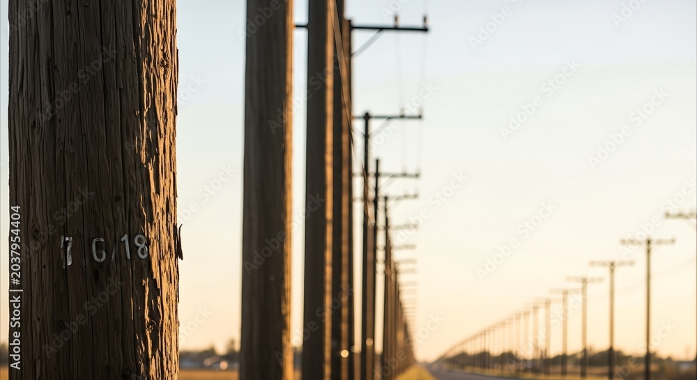 Fototapeta premium Row of weathered wooden utility poles receding into distance during golden hour, emphasizing texture and linear perspective