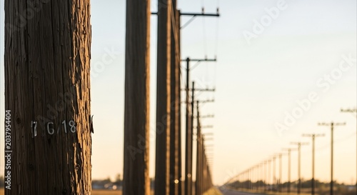 Row of weathered wooden utility poles receding into distance during golden hour, emphasizing texture and linear perspective