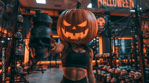 Muscular person with a glowing pumpkin head extending a chrome dumbbell in a Halloween-decorated dark gym.