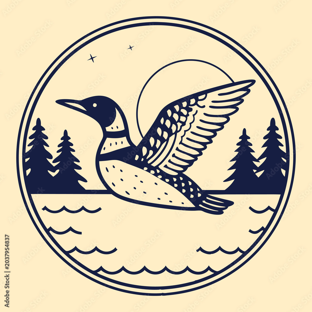 Obraz premium Loon bird flies over a lake in a circular badge design featuring pine trees and a minimalist sun.