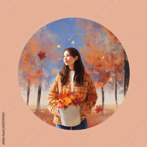 Woman Holds Bucket of Leaves in Autumn Landscape With Colorful Trees in Backg...
