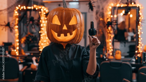 Jack-o-Lantern offering a special offer in nail salon on Halloween day with a carved pumpkin head.