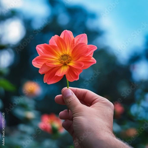 Person Holds a Bright Flower While Surrounded by Green Nature on a Sunny Day