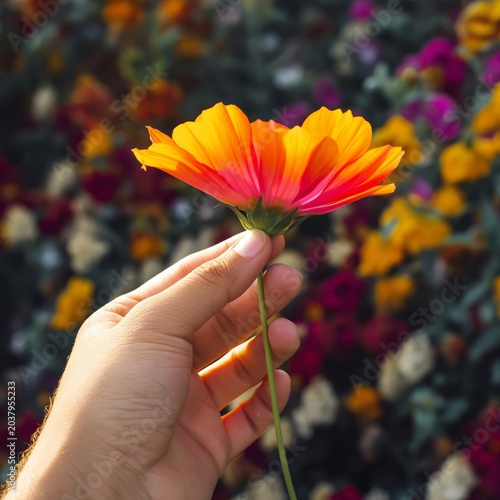 Person Holds a Bright Flower While Surrounded by Green Nature on a Sunny Day