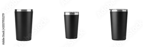 Bild auf Leinwand Set of three elegant sleek black stainless steel insulated travel tumbler mug containers with a secure lid for hot or cold beverages, isolated white background