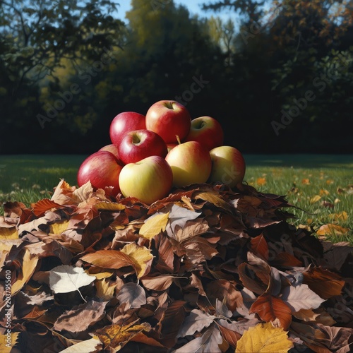 Fall Apples Arranged on a Pile of Colorful Leaves in a Grassy Field During Au...