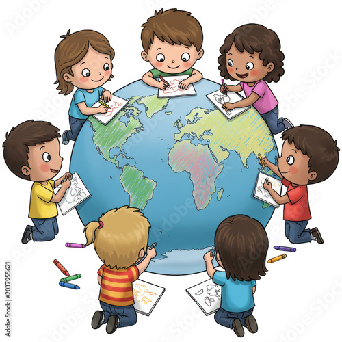 Children drawing on world map globe isolated on transparent background