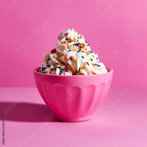 Delicious Soft Serve Ice Cream in a Pink Bowl With Colorful Sprinkles