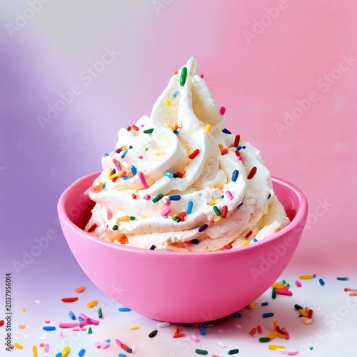 Delicious Soft Serve Ice Cream in a Pink Bowl With Colorful Sprinkles