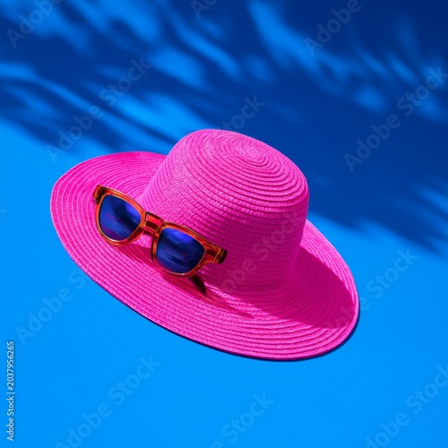 Bright Pink Hat and Sunglasses on a Blue Background Ready for Summer Fun