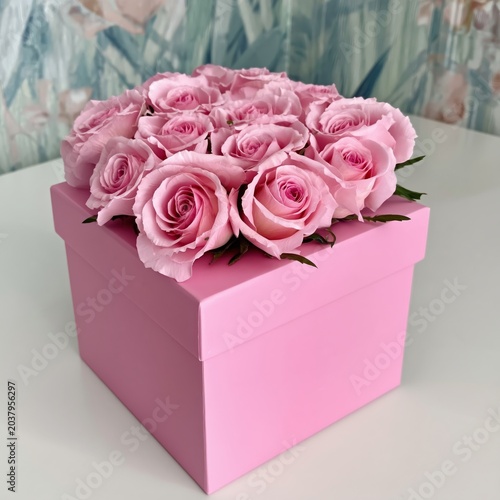 Gift Box With Pink Roses on a Plain Pink Background in a Simple Arrangement