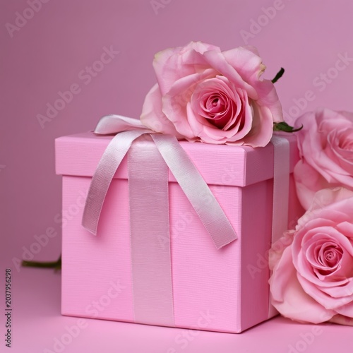 Gift Box With Pink Roses on a Plain Pink Background in a Simple Arrangement