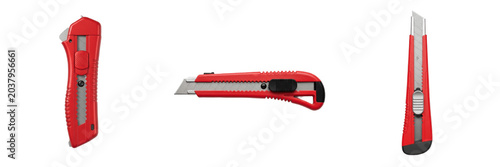 Obraz na płótnie Set of professional heavy duty red plastic utility knife box cutter tool with a sharp retractable steel razor blade for industrial warehouse packaging, isolated white background hardware