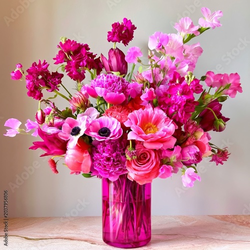 Bright Pink Flower Arrangement in a Vase on a Wooden Surface