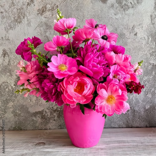 Bright Pink Flower Arrangement in a Vase on a Wooden Surface