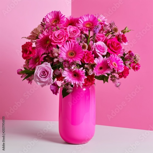 Beautiful Pink Flower Arrangement in a Vibrant Vase on a Simple Table Background