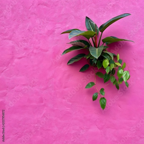 Plant Growing on Bright Pink Wall Adds Color to Urban Space in Daytime