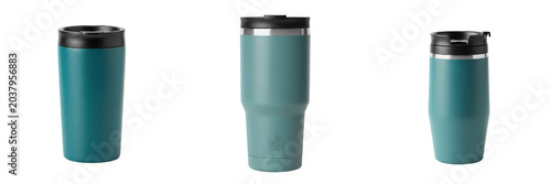 Foto Set of sleek modern teal green stainless steel insulated travel tumbler mug container featuring a matte finish and a secure black drinking lid accessory, isolated white background mockup