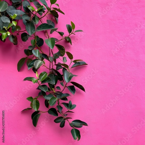 Plant Growing on Bright Pink Wall Adds Color to Urban Space in Daytime
