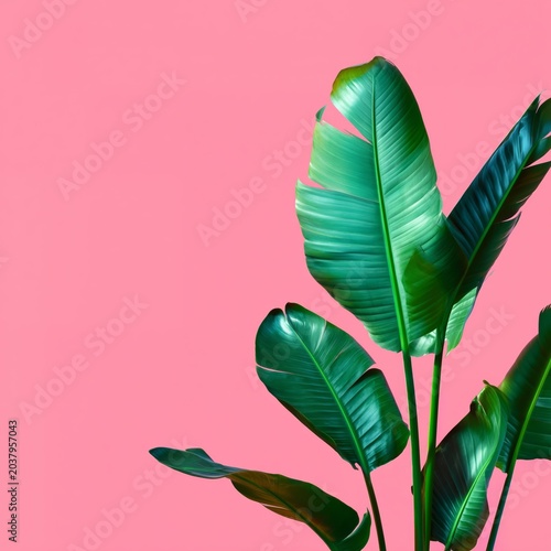 Bright Green Plant Leaves in Front of a Pink Background Create a Vibrant Scene